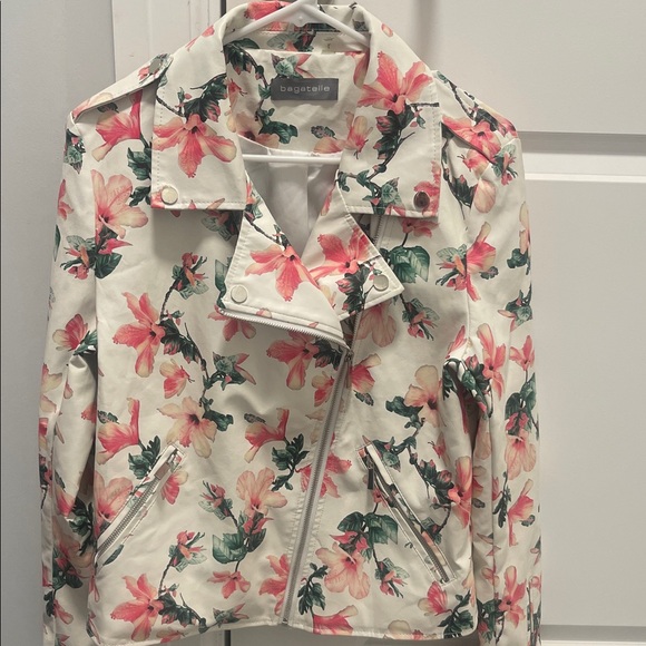 bagatelle Jackets & Blazers - Bagatelle Women's Floral Leather Jacket - Cream and Pink